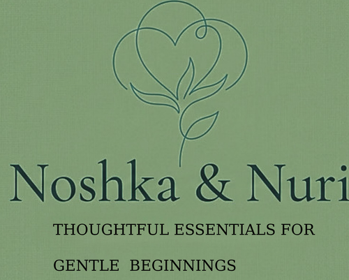 A square book cover or packaging design with a muted sage green background, a thin line-art floral heart motif near the top center, and the text 'Noshka & Nuri' followed by 'THOUGHTFUL ESSENTIALS FOR GENTLE BEGINNINGS' in dark teal lettering.
